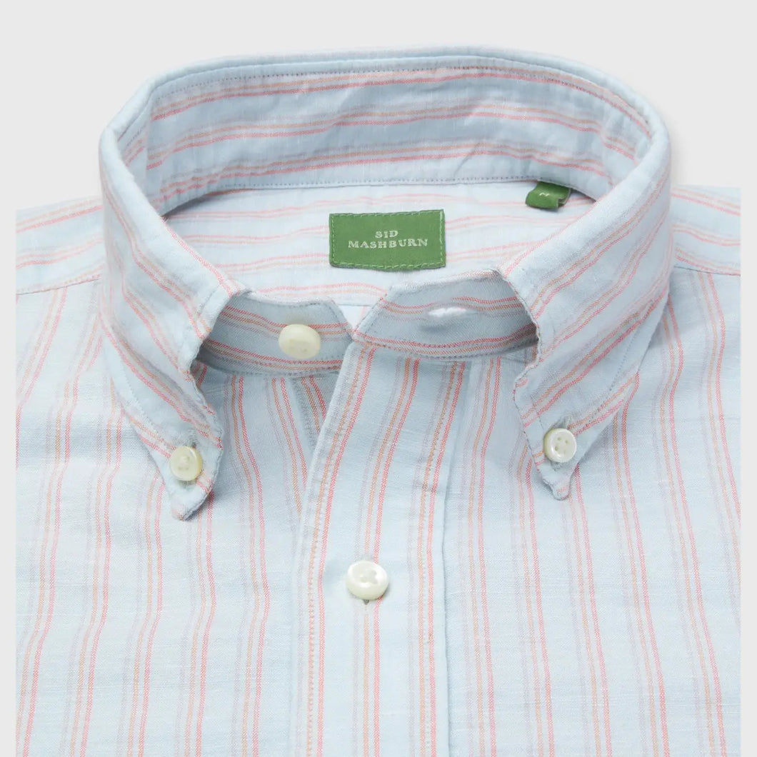 Sid Mashburn Short Sleeved Button Down Popover Sport Shirt in Sky/Coral Stripe