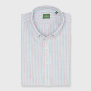 Sid Mashburn Short Sleeved Button Down Popover Sport Shirt in Sky/Coral Stripe