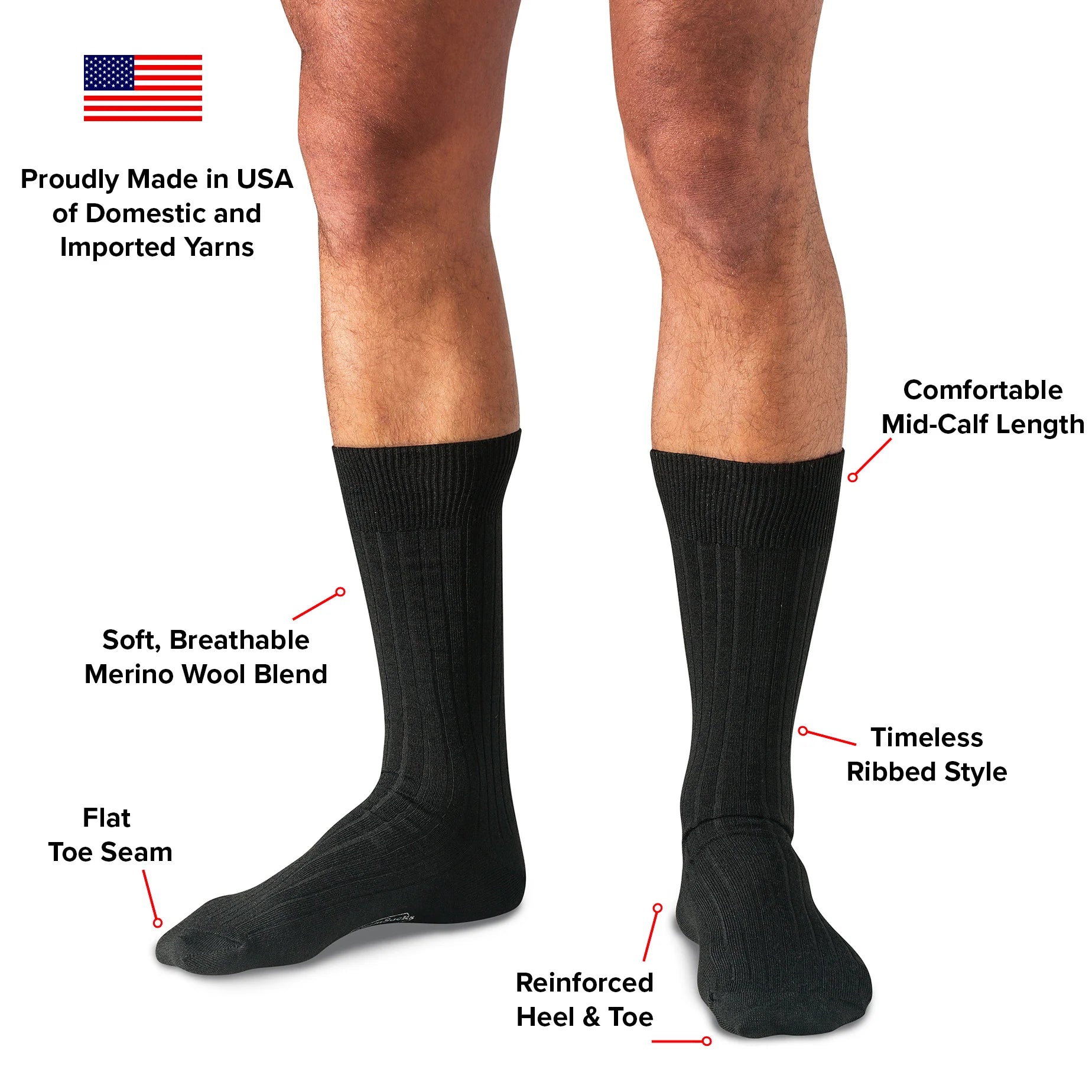 Black Merino Wool Mid Calf Dress Socks