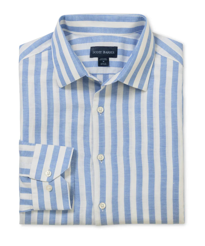 Scott Barber Coastal Linen Stripe Sport Shirt in Blue