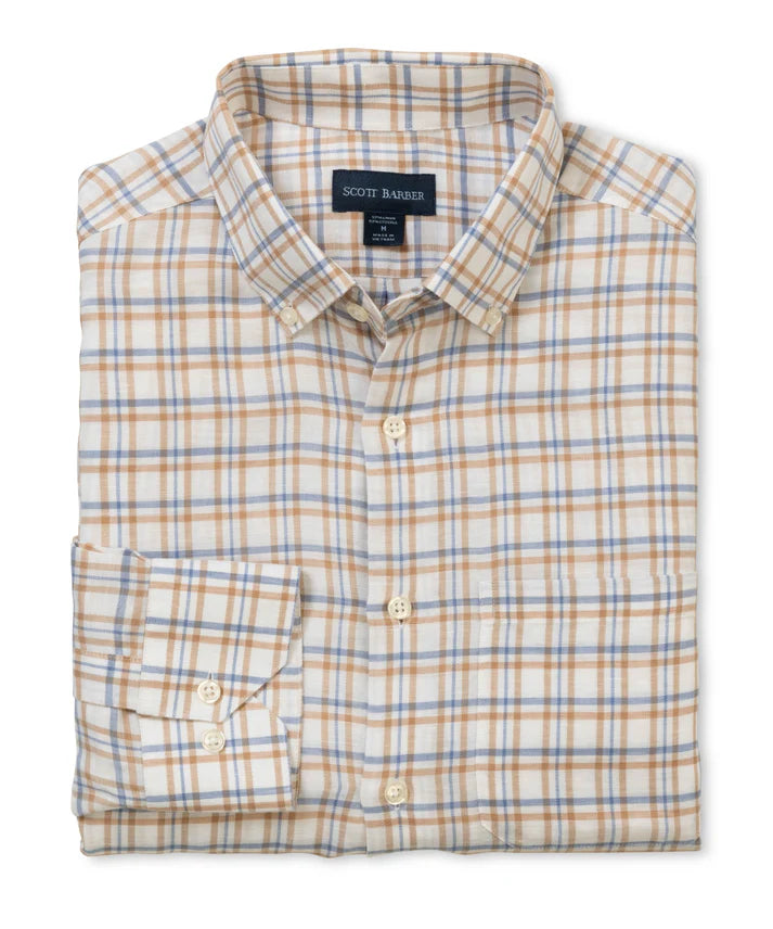 Scott Barber Coastal Linen Plaid Sport Shirt in Natural