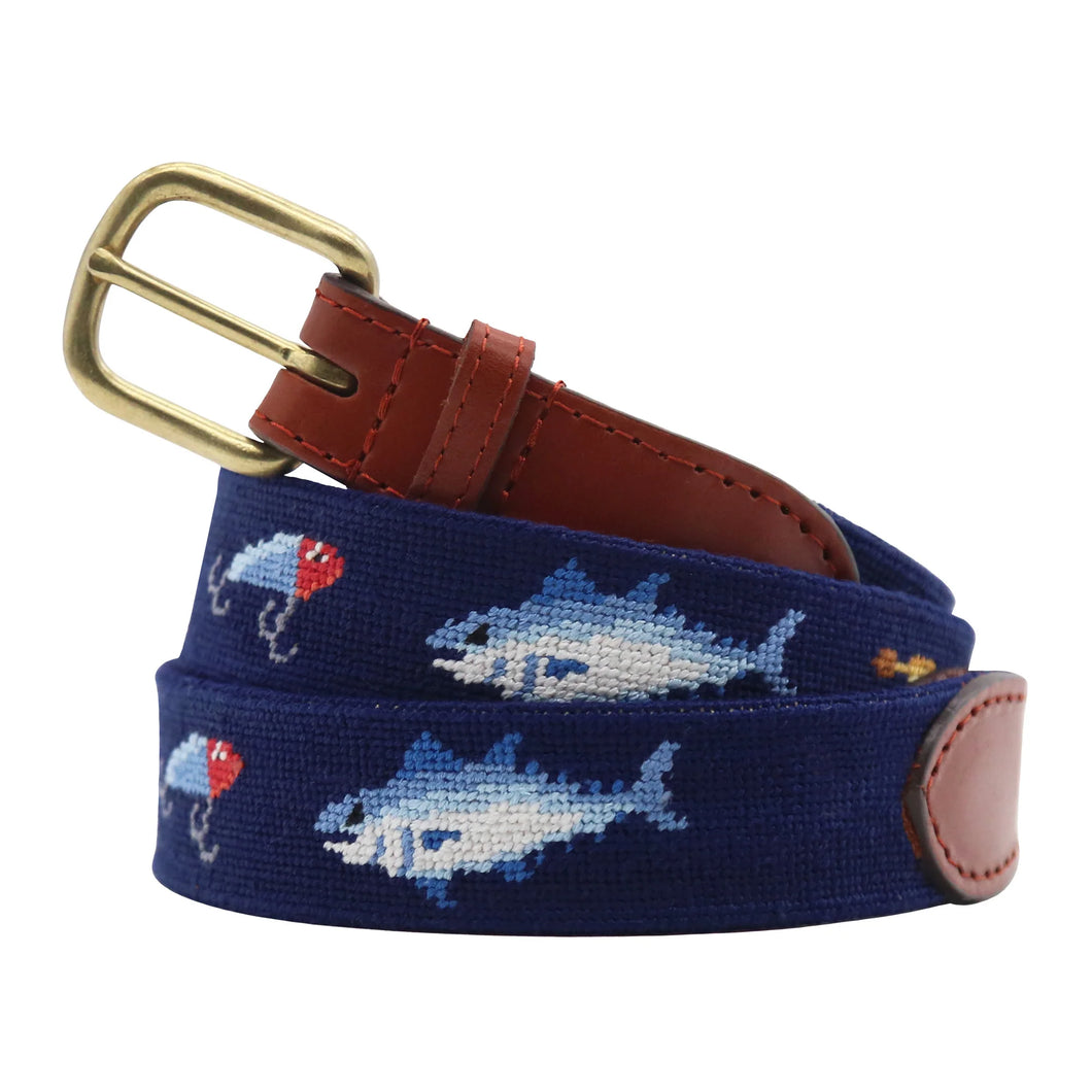 Smathers & Branson Fish and Tackle Needlepoint Belt in Dark Navy