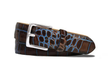 Load image into Gallery viewer, W. Kleinberg Two-Toned Embossed Crocodile Belt in Chocolate Sky
