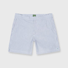 Load image into Gallery viewer, Sid Mashburn Zip-Front Mid-Length Swim Short in Blue/White Seersucker
