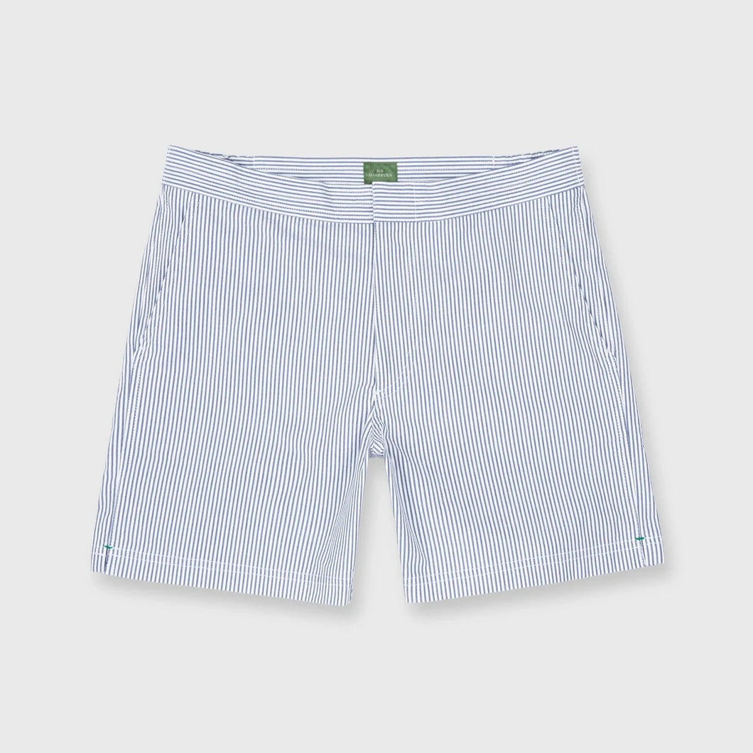 Sid Mashburn Zip-Front Mid-Length Swim Short in Blue/White Seersucker