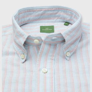 Sid Mashburn Short Sleeved Button Down Popover Sport Shirt in Sky/Coral Stripe