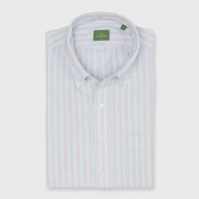 Load image into Gallery viewer, Sid Mashburn Short Sleeved Button Down Popover Sport Shirt in Sky/Coral Stripe
