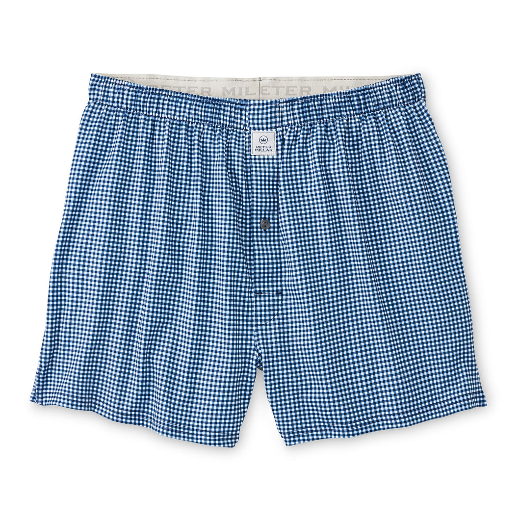 Peter Millar Nebraska Printed Gingham Check Stretch Jersey Boxer-Navy